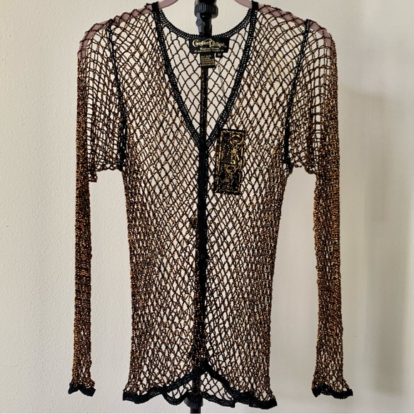 Artisan Tops - NWT Christine Phillipe Cali Couture Black & Bronze Beaded Crochet Knit Top Sz M